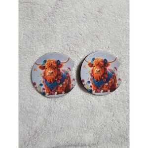 Highland Cow Car Coasters - Cute Car Accessories,‎ Drink Coasters, Set of 2